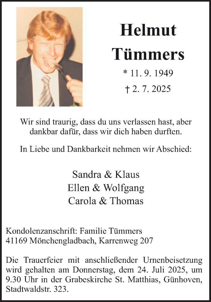  Traueranzeige für Helmut Tümmers vom 13.07.2025 aus trauer.extra-tipp-moenchengladbach.de