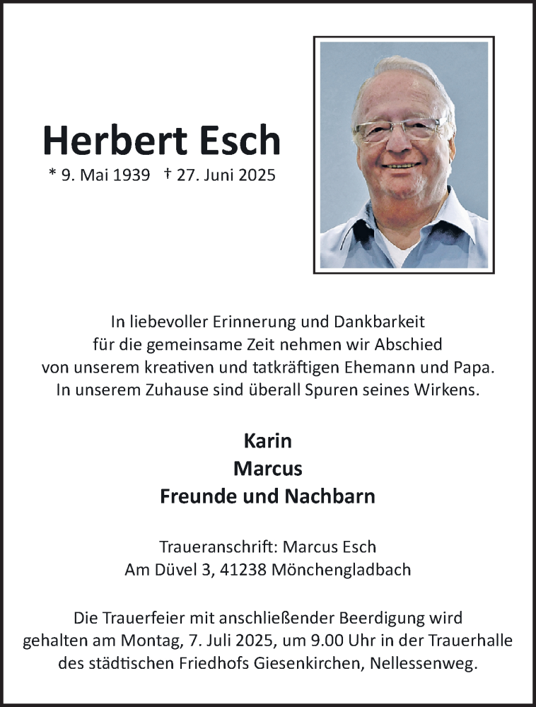  Traueranzeige für Herbert Esch vom 06.07.2025 aus trauer.extra-tipp-moenchengladbach.de