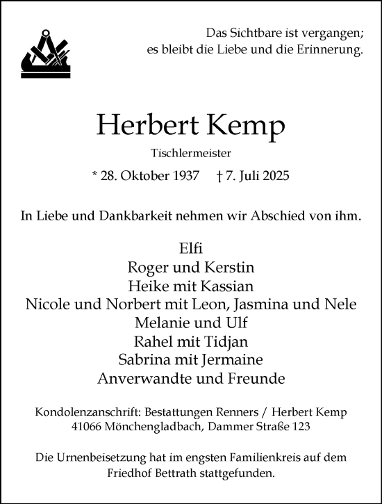 Traueranzeige von Herbert Kemp von trauer.extra-tipp-moenchengladbach.de