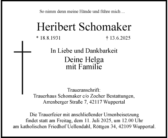 Traueranzeige von Heribert Schomaker von trauer.wuppertaler-rundschau.de