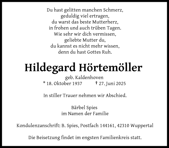 Traueranzeige von Hildegard Hörtemöller von trauer.wuppertaler-rundschau.de