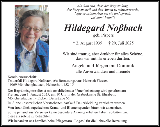 Traueranzeige von Hildegard Noßbach von trauer.extra-tipp-moenchengladbach.de