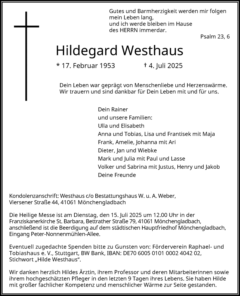  Traueranzeige für Hildegard Westhaus vom 13.07.2025 aus trauer.extra-tipp-moenchengladbach.de