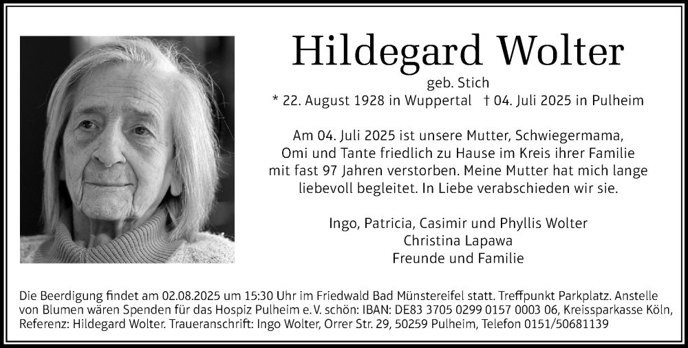  Traueranzeige für Hildegard Wolter vom 26.07.2025 aus trauer.wuppertaler-rundschau.de