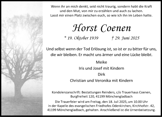 Traueranzeige von Horst Coenen von trauer.extra-tipp-moenchengladbach.de