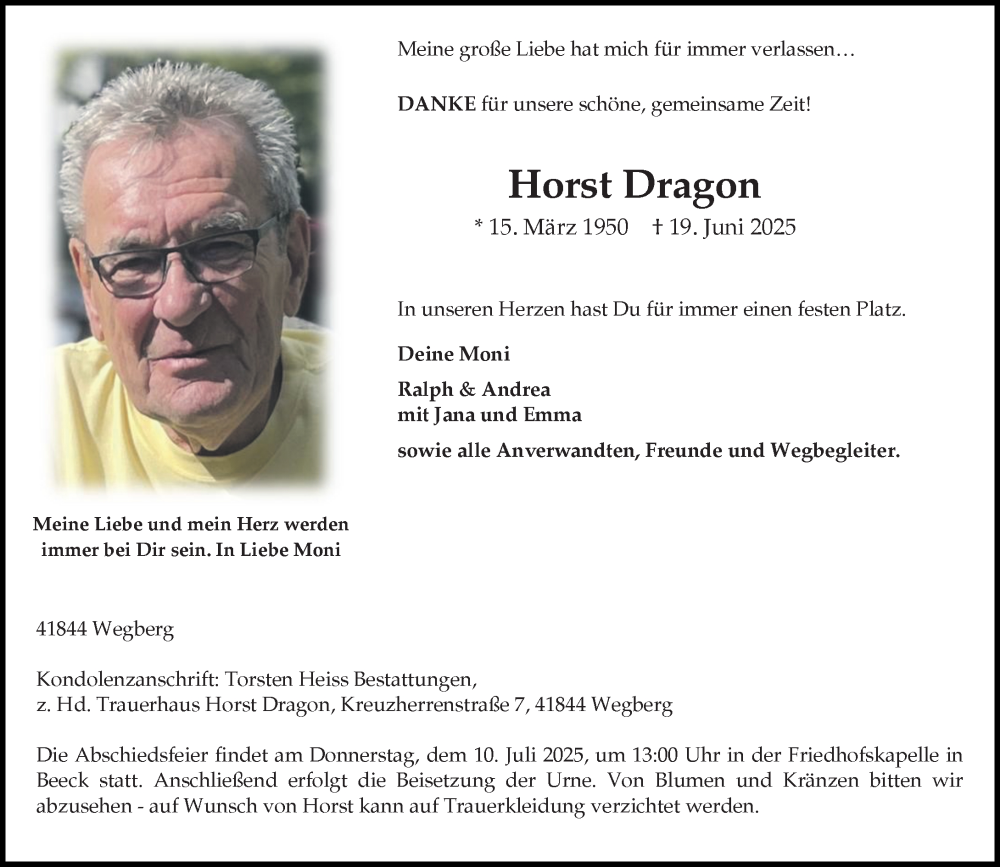  Traueranzeige für Horst Dragon vom 06.07.2025 aus trauer.extra-tipp-moenchengladbach.de