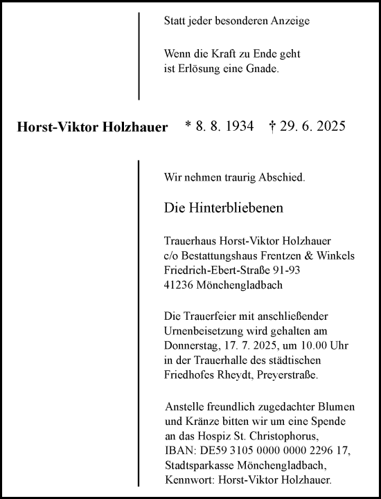 Traueranzeige von Horst-Viktor Holzhauer von trauer.extra-tipp-moenchengladbach.de