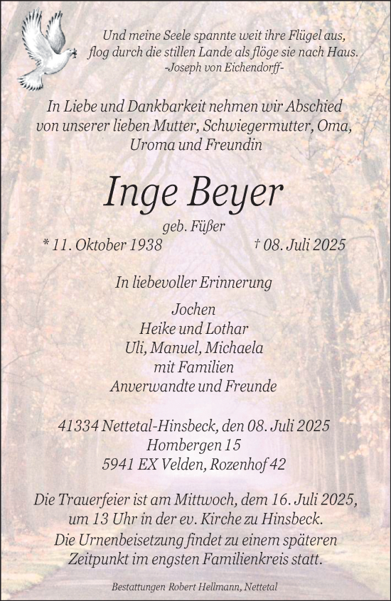 Traueranzeige von Inge Beyer von trauer.extra-tipp-moenchengladbach.de