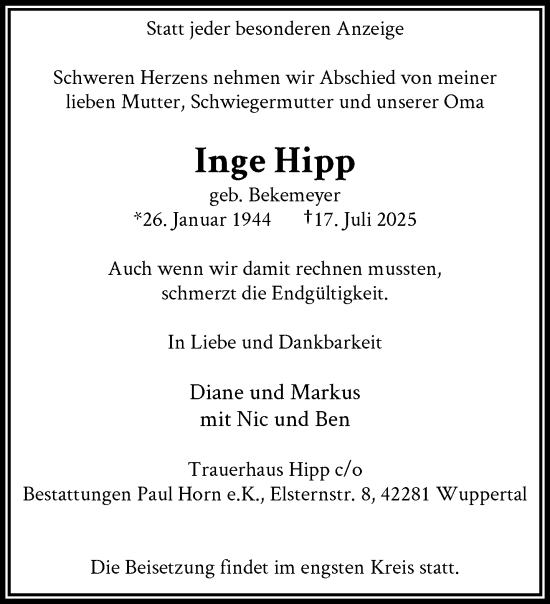 Traueranzeige von Inge Hipp von trauer.wuppertaler-rundschau.de