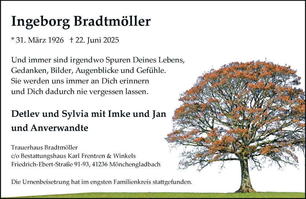  Traueranzeige für Ingeborg Bradtmöller vom 20.07.2025 aus trauer.extra-tipp-moenchengladbach.de