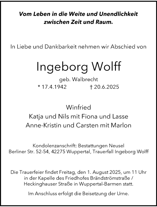 Traueranzeige von Ingeborg Wolff von trauer.wuppertaler-rundschau.de