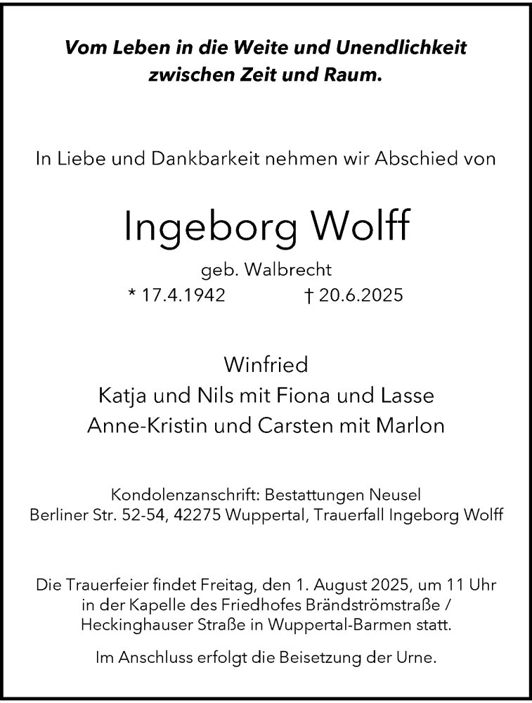  Traueranzeige für Ingeborg Wolff vom 12.07.2025 aus trauer.wuppertaler-rundschau.de
