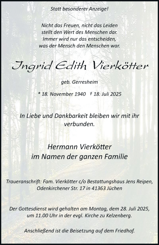 Traueranzeige von Ingrid Edith Vierkötter von trauer.stadt-kurier.de