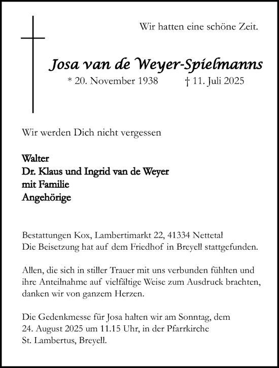 Traueranzeige von Josa van de Weyer-Spielmanns von trauer.extra-tipp-moenchengladbach.de