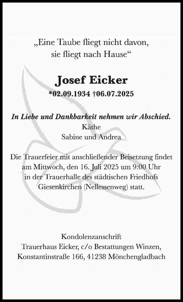  Traueranzeige für Josef Eicker vom 13.07.2025 aus trauer.extra-tipp-moenchengladbach.de