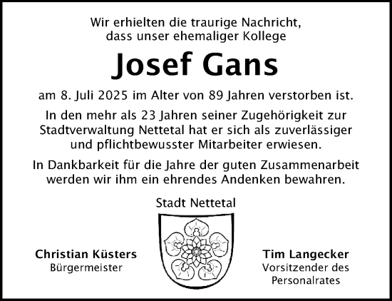 Traueranzeige von Josef Gans von trauer.extra-tipp-moenchengladbach.de