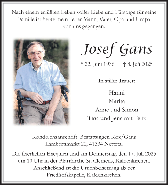 Traueranzeige von Josef Gans von trauer.extra-tipp-moenchengladbach.de