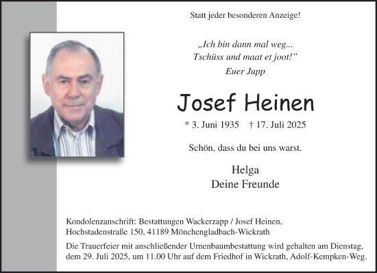 Traueranzeige von Josef Heinen von trauer.extra-tipp-moenchengladbach.de
