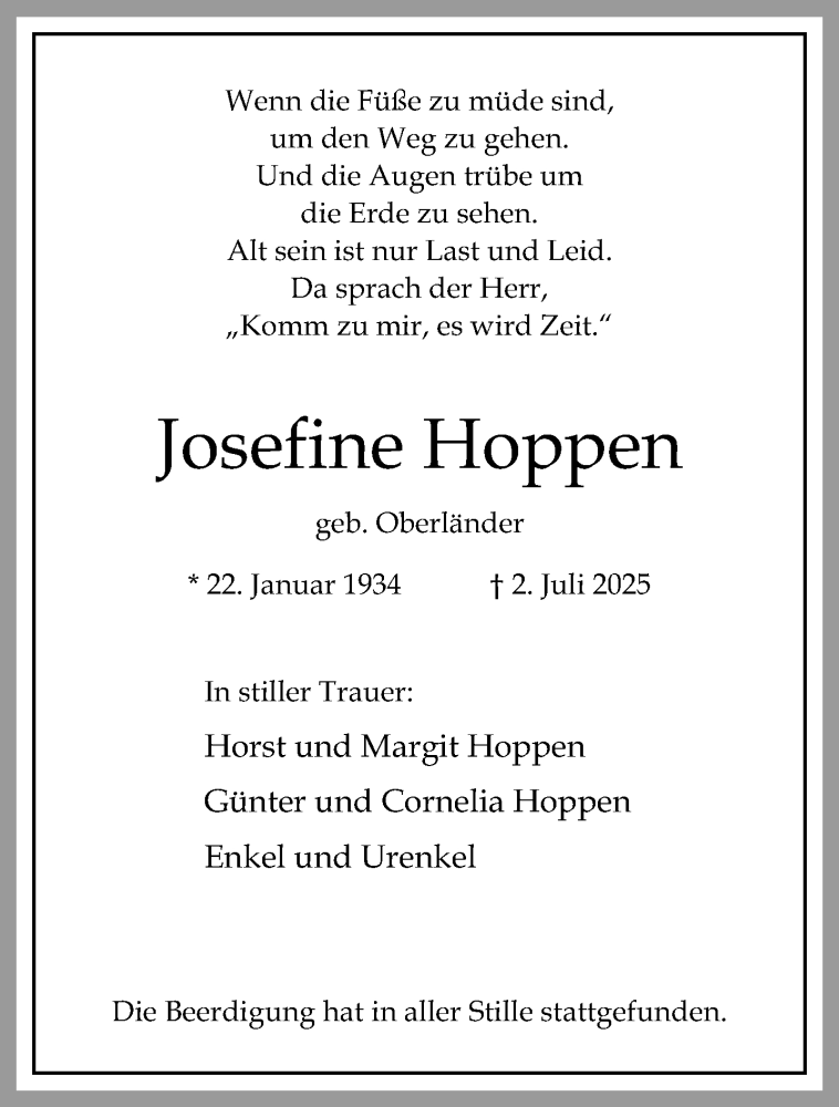  Traueranzeige für Josefine Hoppen vom 27.07.2025 aus trauer.extra-tipp-moenchengladbach.de