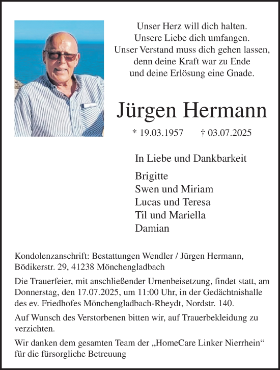 Traueranzeige von Jürgen Hermann von trauer.extra-tipp-moenchengladbach.de