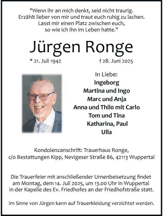 Traueranzeige von Jürgen Ronge von trauer.wuppertaler-rundschau.de