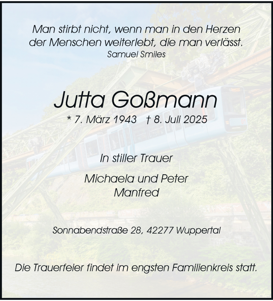  Traueranzeige für Jutta Goßmann vom 12.07.2025 aus trauer.wuppertaler-rundschau.de