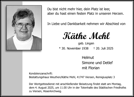 Traueranzeige von Käthe Mehl von trauer.extra-tipp-moenchengladbach.de