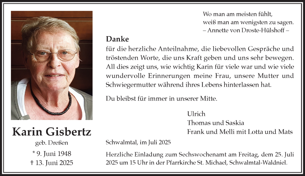  Traueranzeige für Karin Gisbertz vom 20.07.2025 aus trauer.extra-tipp-moenchengladbach.de