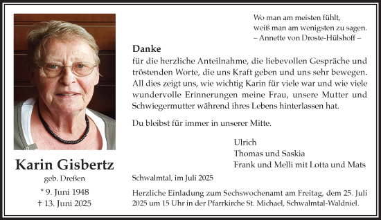 Traueranzeige von Karin Gisbertz von trauer.extra-tipp-moenchengladbach.de