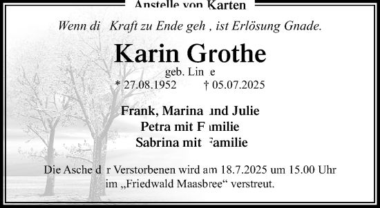 Traueranzeige von Karin Grothe von trauer.extra-tipp-moenchengladbach.de