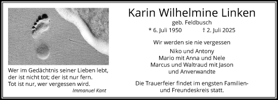 Traueranzeige von Karin Wilhelmine Linken von trauer.extra-tipp-moenchengladbach.de