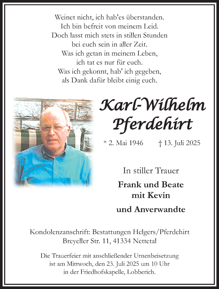  Traueranzeige für Karl-Wilhelm Pferdehirt vom 20.07.2025 aus trauer.extra-tipp-moenchengladbach.de