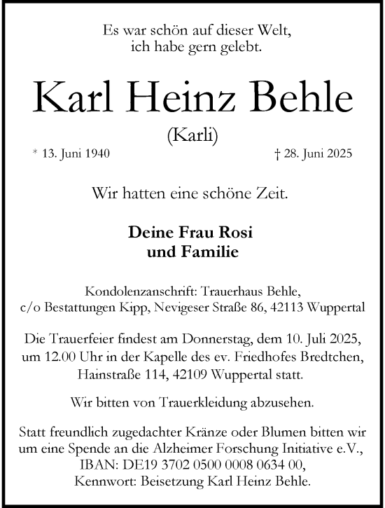 Traueranzeige von Karl Heinz Behle von trauer.wuppertaler-rundschau.de