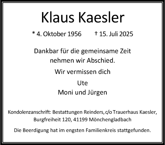 Traueranzeige von Klaus Kaesler von trauer.stadt-kurier.de