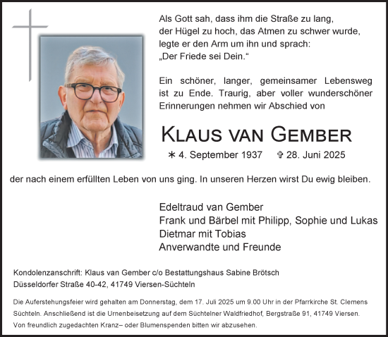 Traueranzeige von Klaus van Gember von trauer.extra-tipp-moenchengladbach.de
