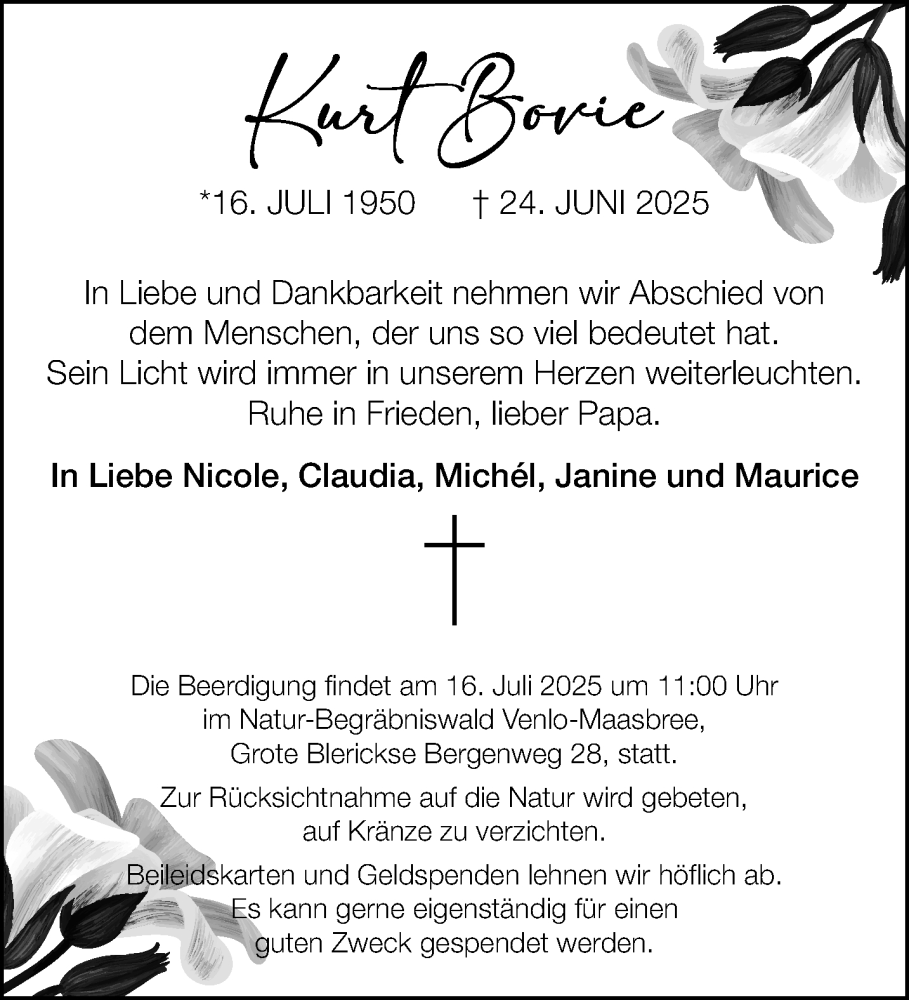  Traueranzeige für Kurt Bovie vom 13.07.2025 aus trauer.extra-tipp-moenchengladbach.de
