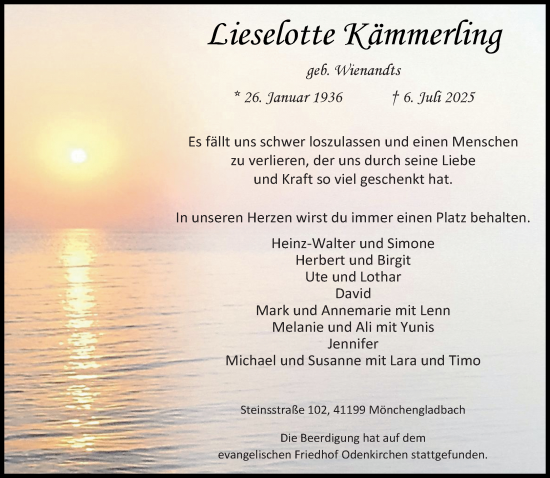 Traueranzeige von Lieselotte Kämmerling von trauer.extra-tipp-moenchengladbach.de