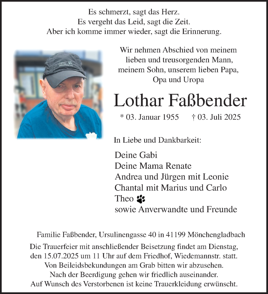  Traueranzeige für Lothar Faßbender vom 13.07.2025 aus trauer.extra-tipp-moenchengladbach.de