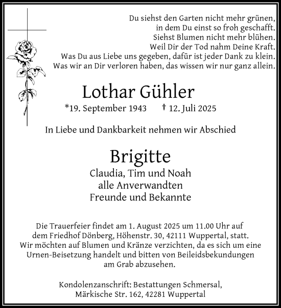 Traueranzeige von Lothar Gühler von trauer.wuppertaler-rundschau.de