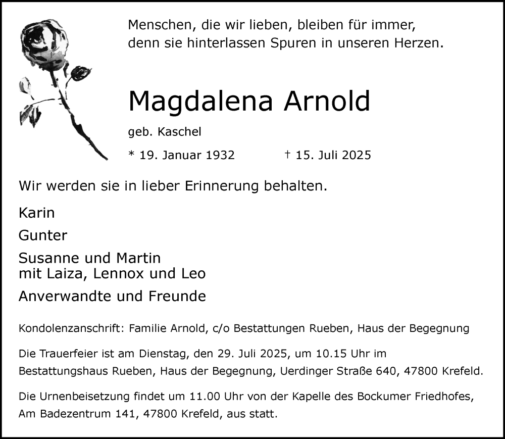  Traueranzeige für Magdalena Arnold vom 20.07.2025 aus trauer.extra-tipp-moenchengladbach.de