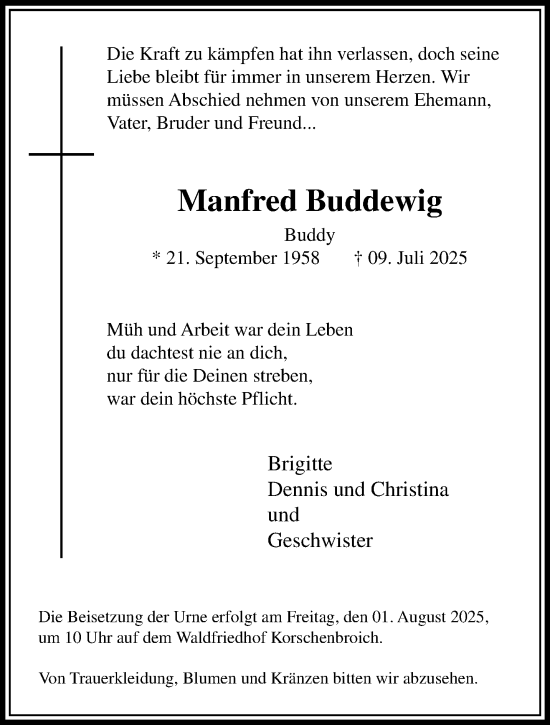 Traueranzeige von Manfred Buddewig von trauer.extra-tipp-moenchengladbach.de