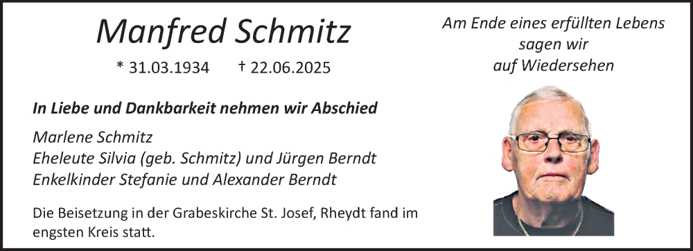  Traueranzeige für Manfred Schmitz vom 06.07.2025 aus trauer.extra-tipp-moenchengladbach.de