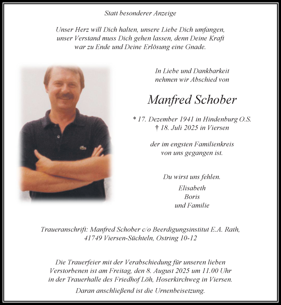  Traueranzeige für Manfred Schober vom 27.07.2025 aus trauer.extra-tipp-moenchengladbach.de