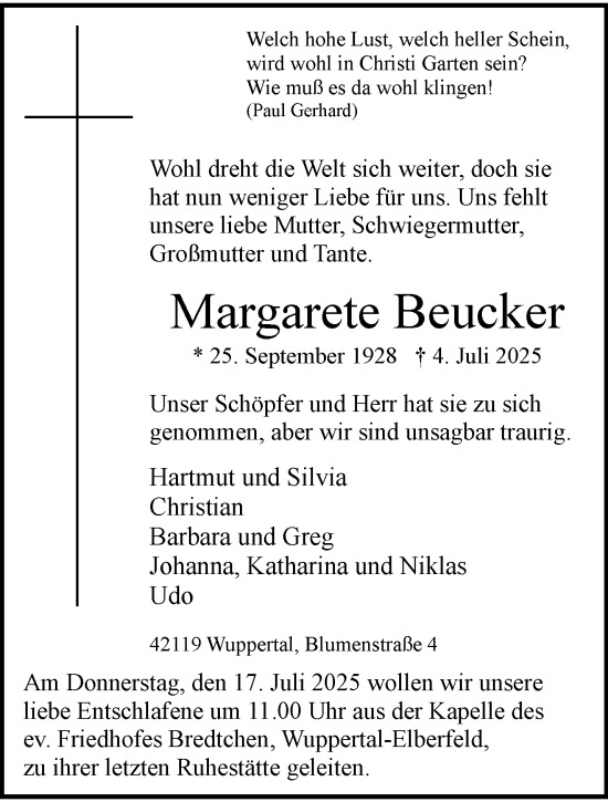 Traueranzeige von Margarete Beucker von trauer.wuppertaler-rundschau.de