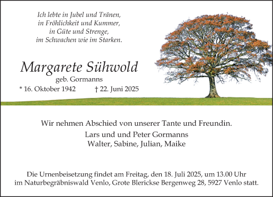 Traueranzeige von Margarete Sühwold von trauer.extra-tipp-moenchengladbach.de
