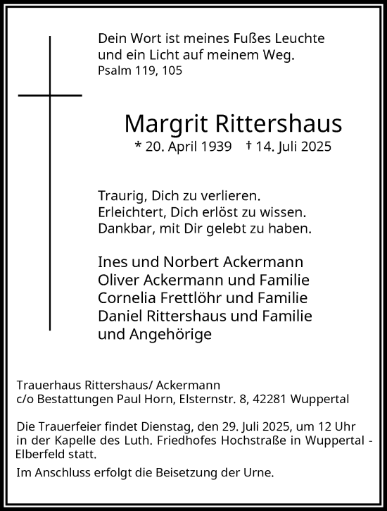 Traueranzeige von Margrit Rittershaus von trauer.wuppertaler-rundschau.de