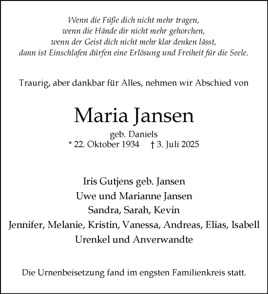 Traueranzeige von Maria Jansen von trauer.extra-tipp-moenchengladbach.de