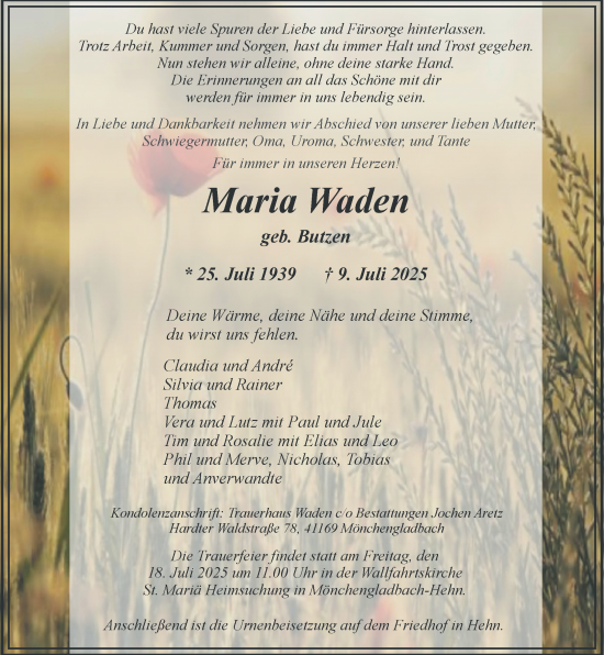 Traueranzeige von Maria Waden von trauer.extra-tipp-moenchengladbach.de