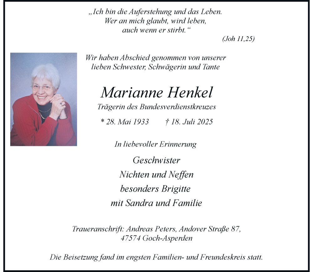  Traueranzeige für Marianne Henkel vom 27.07.2025 aus trauer.extra-tipp-moenchengladbach.de