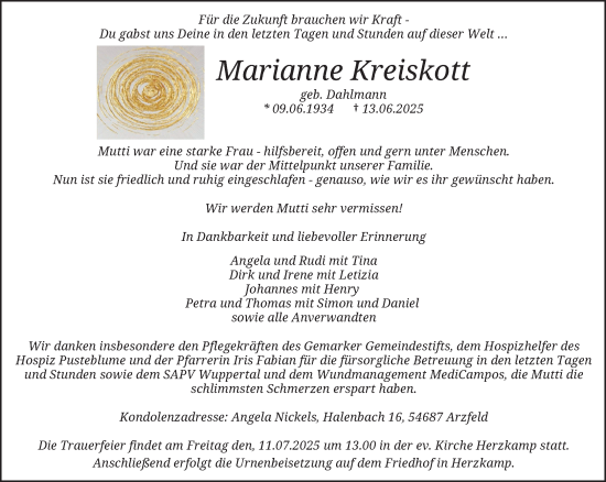 Traueranzeige von Marianne Kreiskott von trauer.wuppertaler-rundschau.de